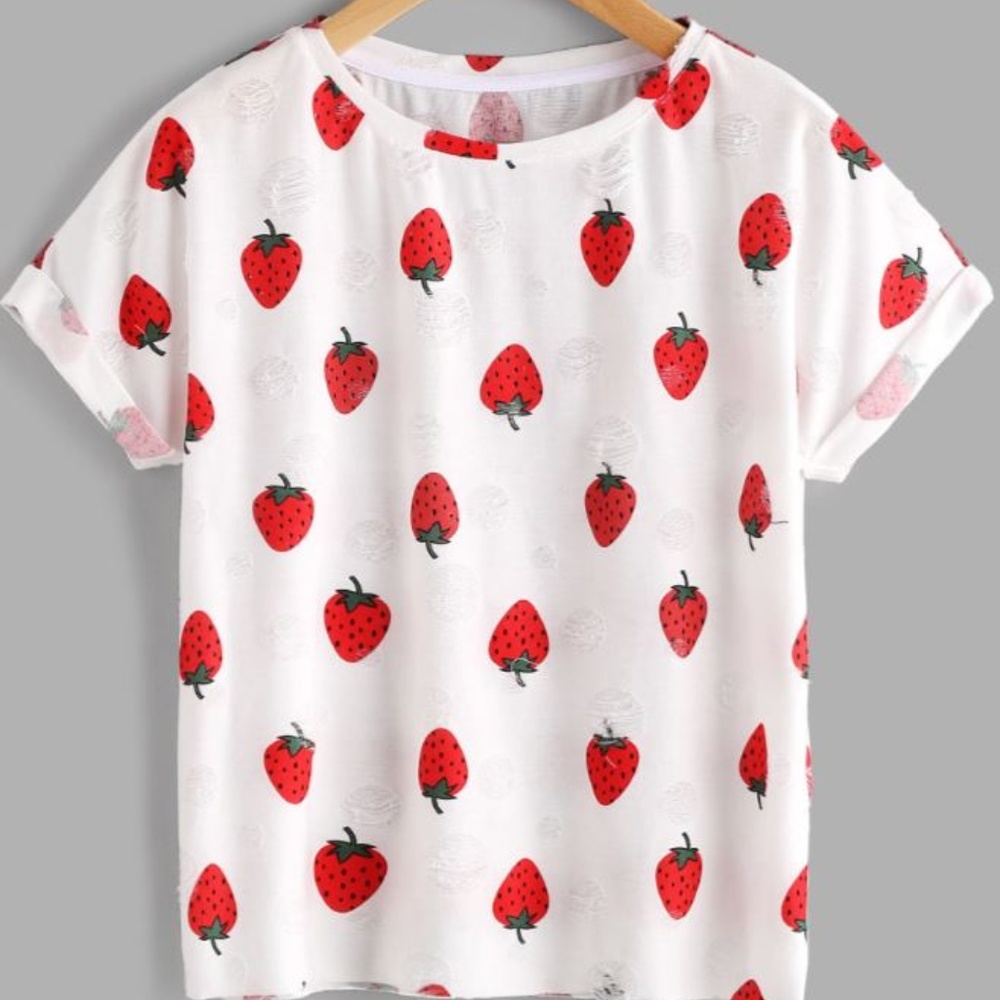 Allover Strawberry Print Frayed Dot Tee